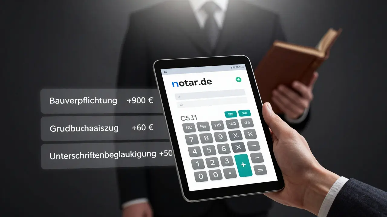 Digitale Rechneroberfläche mit verborgenen Zusatzkosten, die in einen Notar-Schatten übergehen.