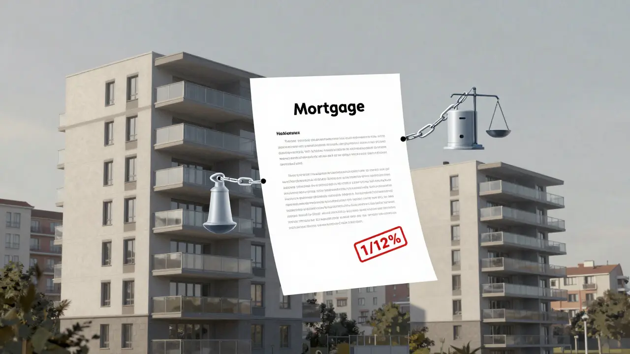 Durchsichtige Darstellung einer Wohnung mit verborgenen rechtlichen Lasten wie Hypothek, Gemeinschaftseigentum und Bruchteilen.