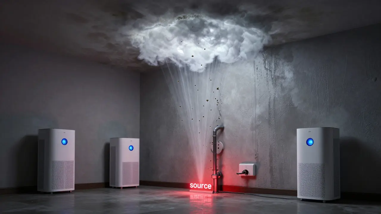 Ein Haus mit feuchter Wand als Schimmelquelle, während Luftreiniger die Luft sporenfrei halten — aber der Schimmel wächst weiter.