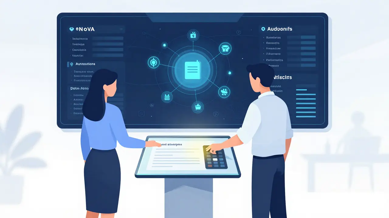 Ein Notar führt einen Kunden durch eine elektronische Grundstücksübertragung mit digitalem Touchscreen.