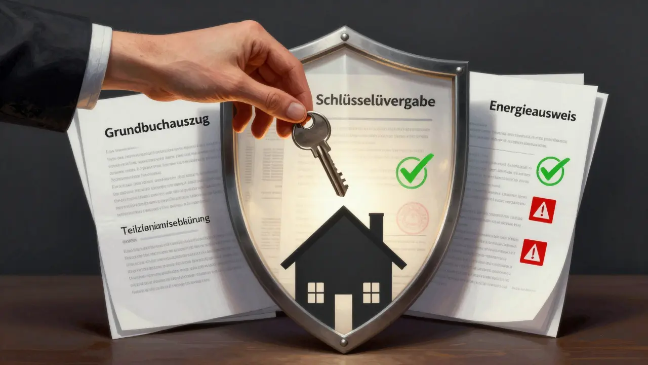 Ein Schild aus rechtlichen Dokumenten schützt ein Haus, symbolisiert die Vorbereitung vor dem Immobilienkauf in Deutschland.