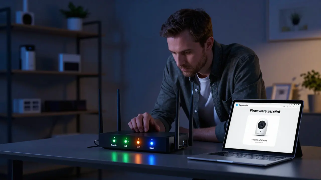 Ein Techniker konfiguriert einen Router mit drei Netzwerksegmenten: Primär, IoT und Gast, während ein Firmware-Scan läuft.