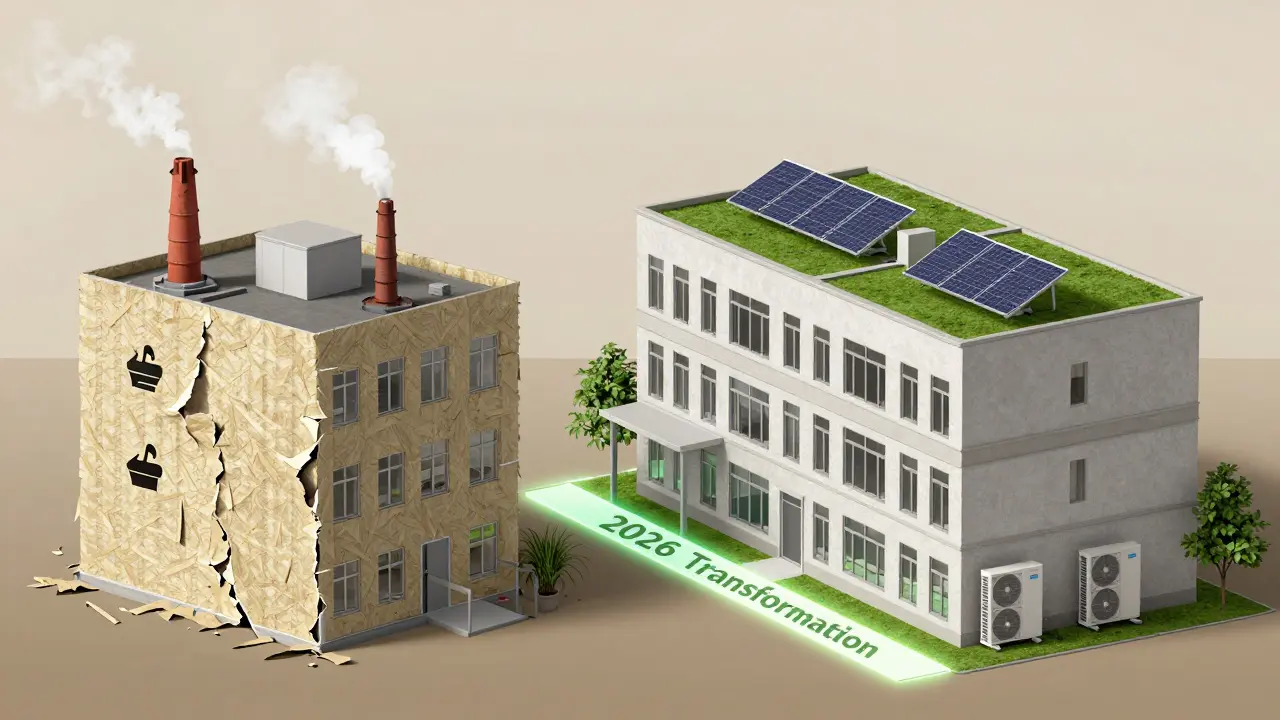 Gespaltenes Gebäude: links veraltete, klimaschädliche Struktur, rechts nachhaltig saniert mit Solaranlage und grünem Dach.