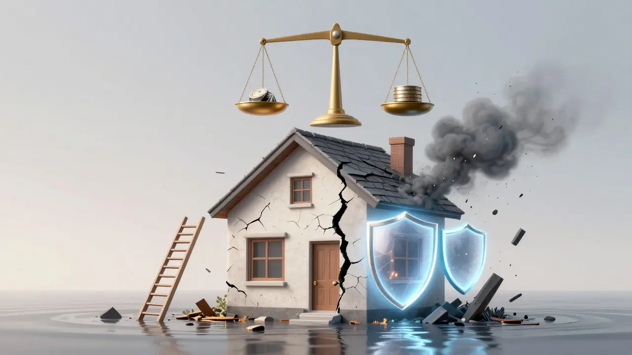 Gespaltenes Haus: linke Seite ohne Versicherung in Trümmern, rechte Seite geschützt durch Lichtschilder, Symbol für Risiko und Sicherheit.