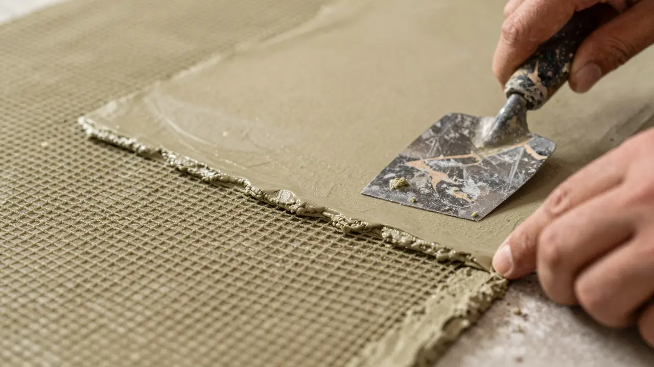 Hand mit Glasfasergewebe im frischen Putz