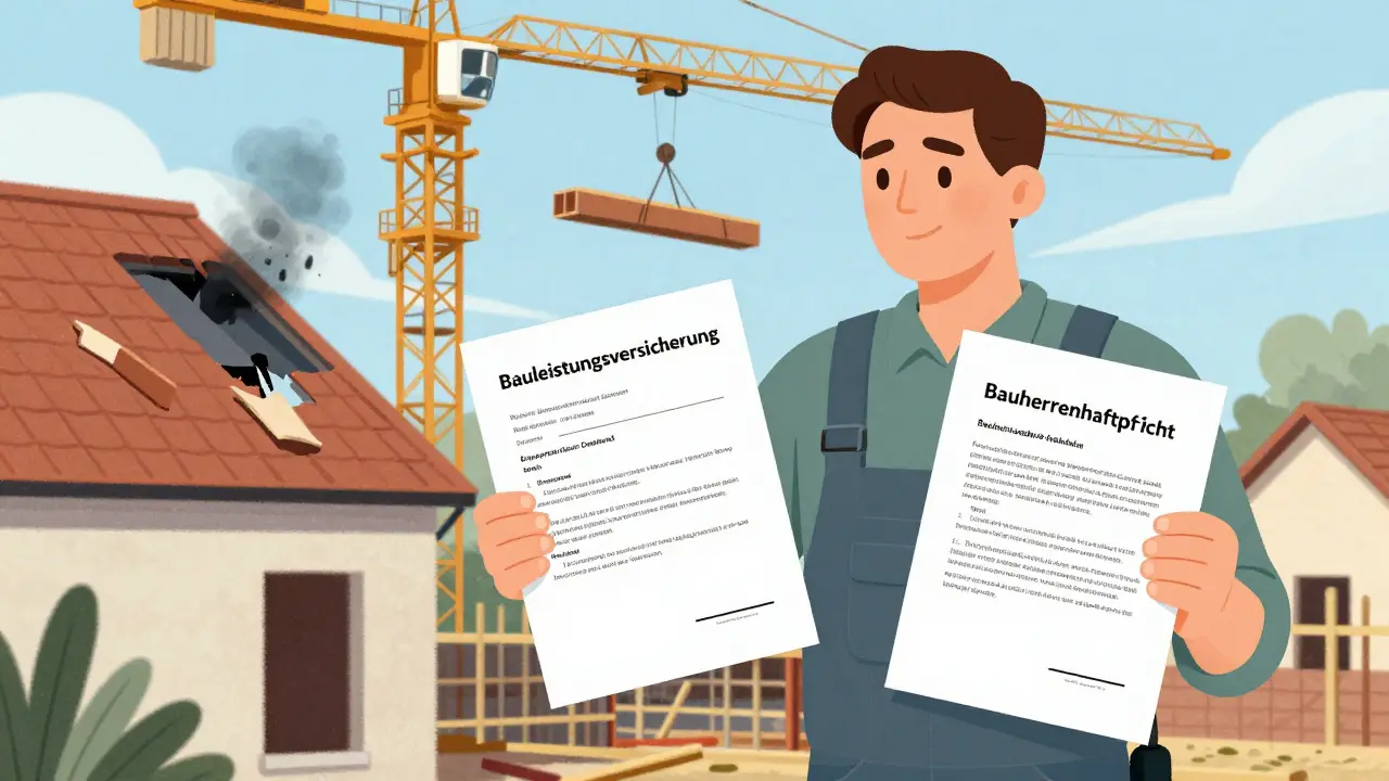 Hausbesitzer mit zwei Versicherungsdokumenten vor Baustelle, Schutz vor Materialschäden und Haftpflichtschäden am Nachbarhaus dargestellt.