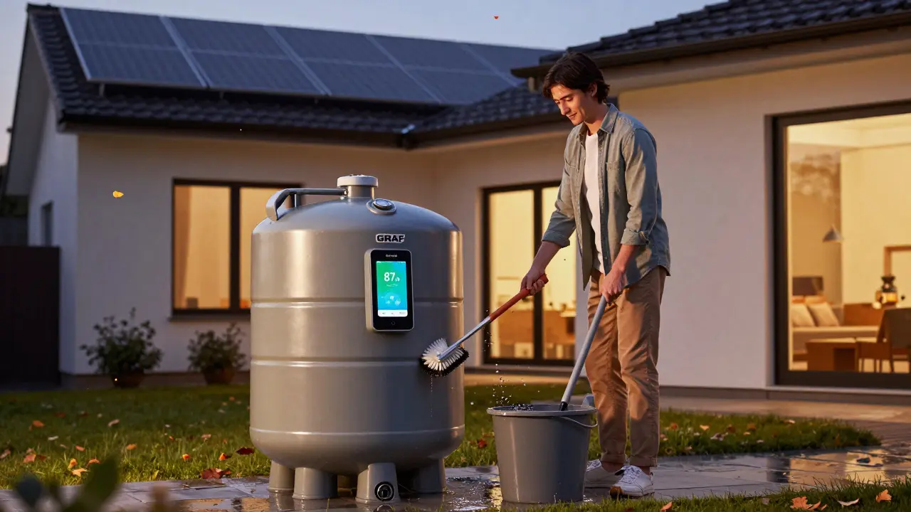 Hausbesitzer reinigt den Regenwasserfilter manuell vor einer intelligenten Zisterne mit Anzeige, abends bei warmem Licht.