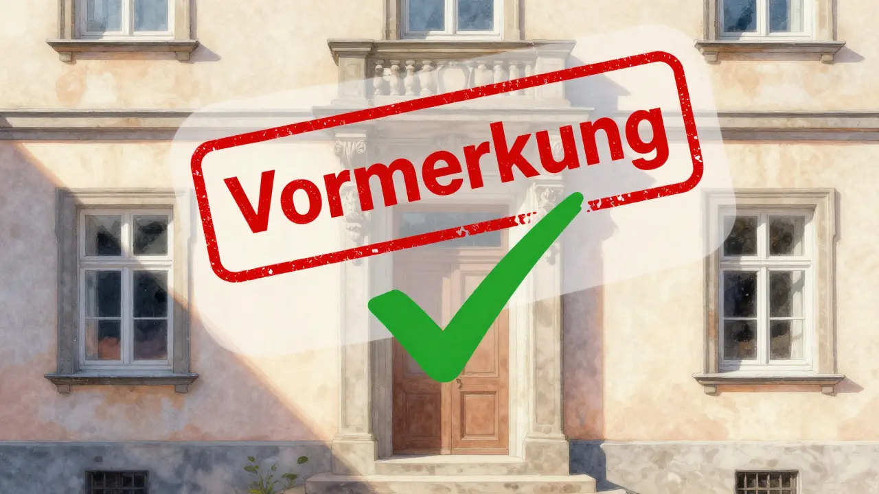Historisches Haus mit sich auflösender rechtlicher Vormerkung als transparentes Etikett.
