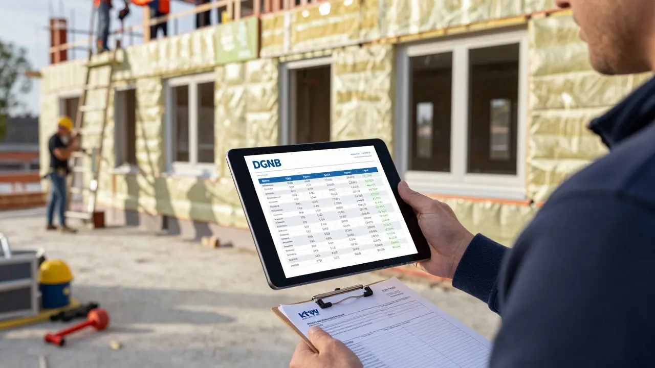 Immobilienbesitzer mit CO₂-Bilanz-Tablet neben Baustelle, wo Dämmung und neue Fenster installiert werden.