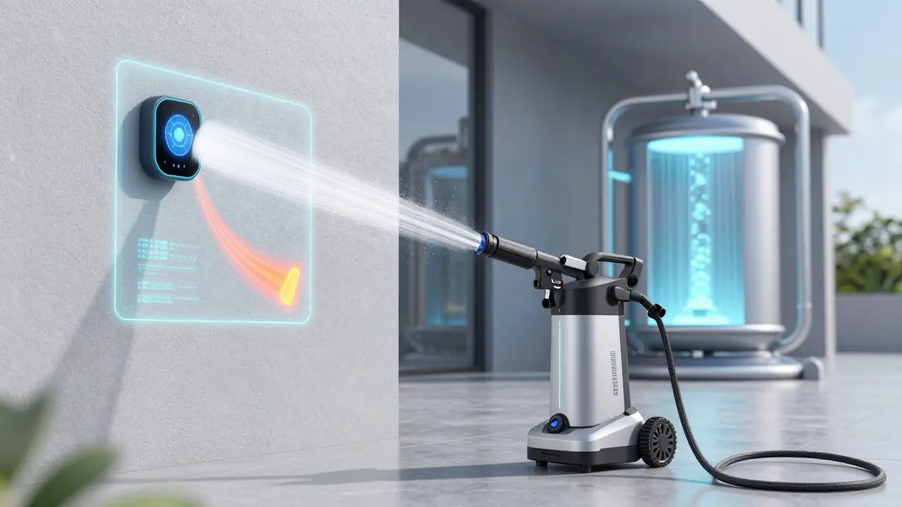 Intelligenter Hochdruckreiniger mit Sensoren analysiert Fassadenoberfläche und nutzt recyceltes Wasser.