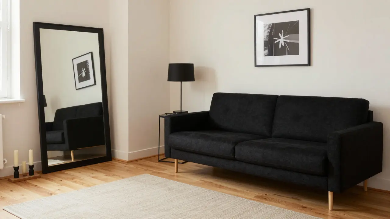 Kleines Wohnzimmer mit nur einem schwarzen Akzent, hellem Holz, Spiegel und warmem Licht.