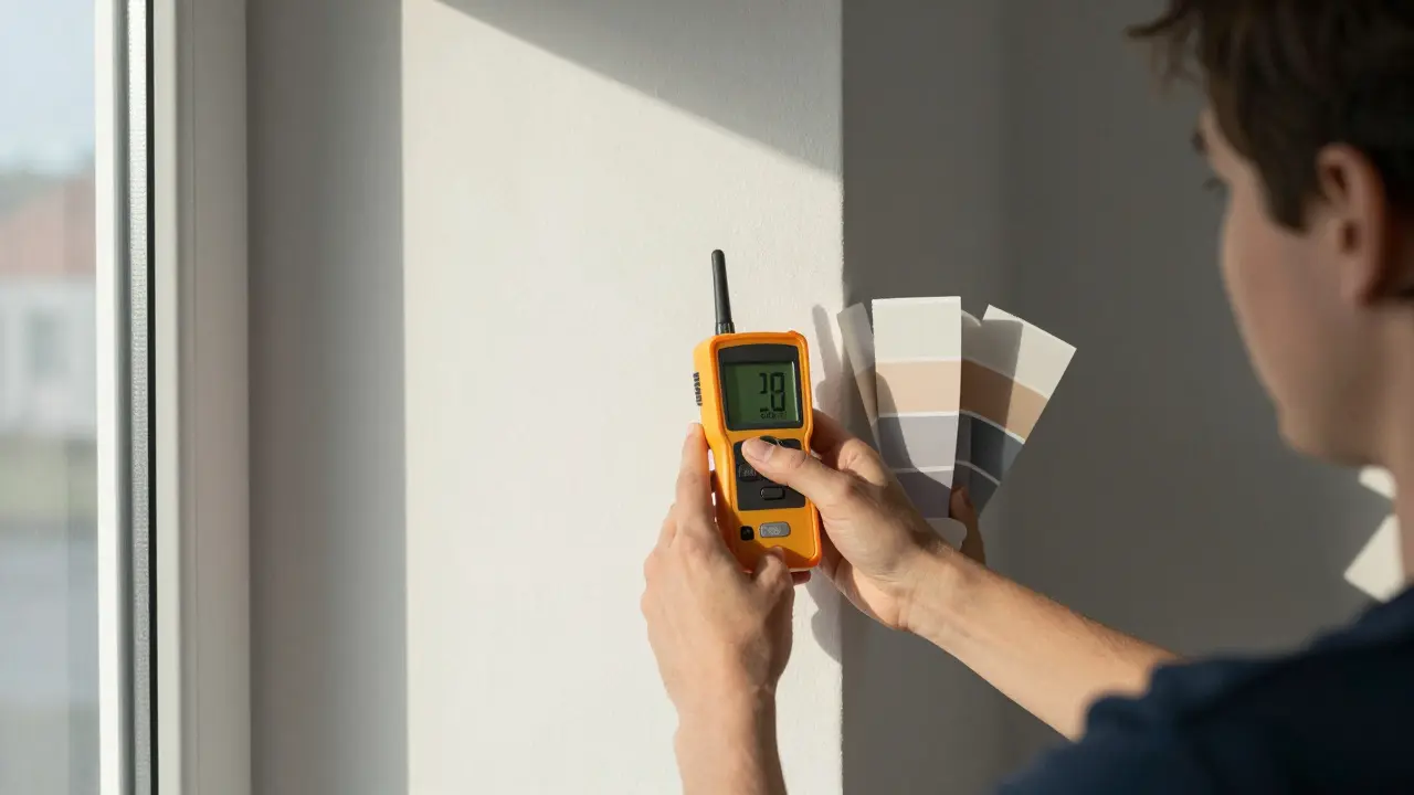 Person misst Lichteinfall mit Luxmeter und trägt Farbprobe auf