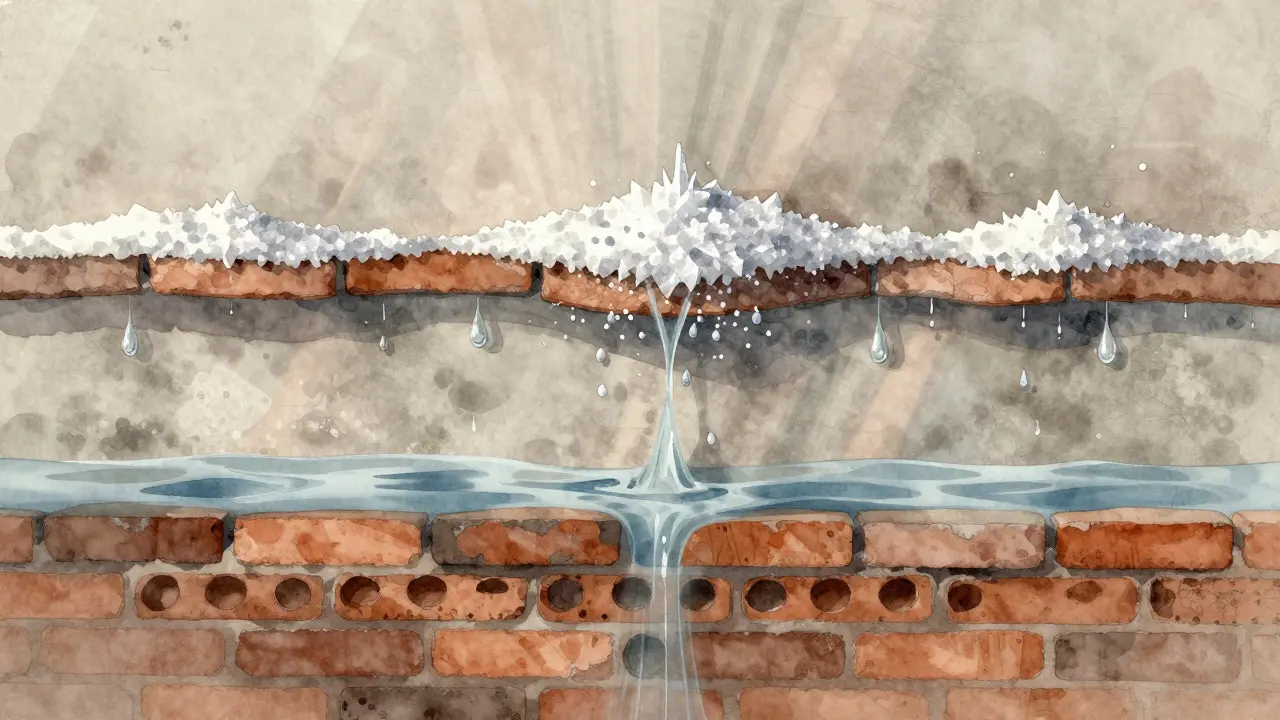 Querschnitt einer Altbauwand mit aufsteigender Feuchtigkeit, Kondensation und Salzablagerungen in drei Schichten.