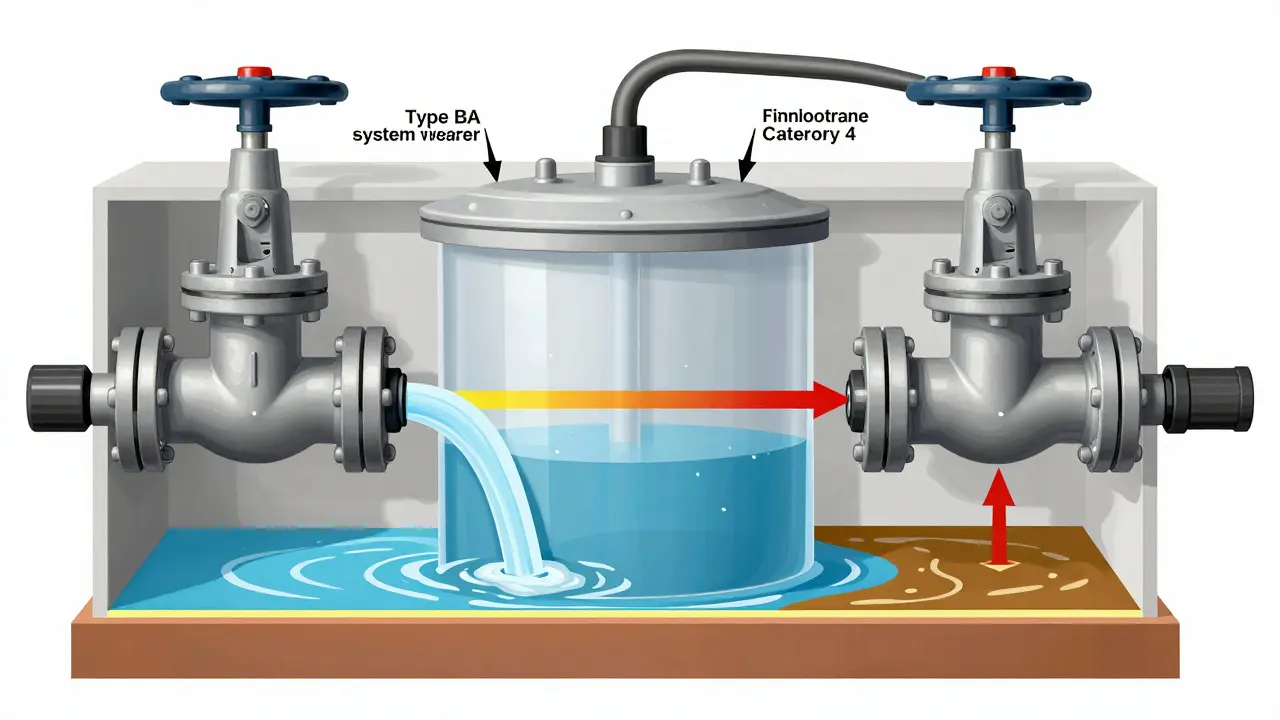 Schnittansicht eines Systemtrenners Typ BA, der verunreinigtes Wasser blockiert.