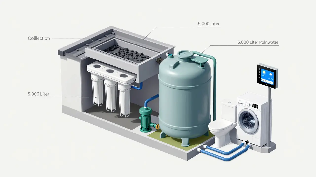 Schnittmodell einer modernen Regenwasseranlage mit Filter, Zisterne, Pumpe und Smart-Steuerung für Toilettenspülung und Waschmaschine.