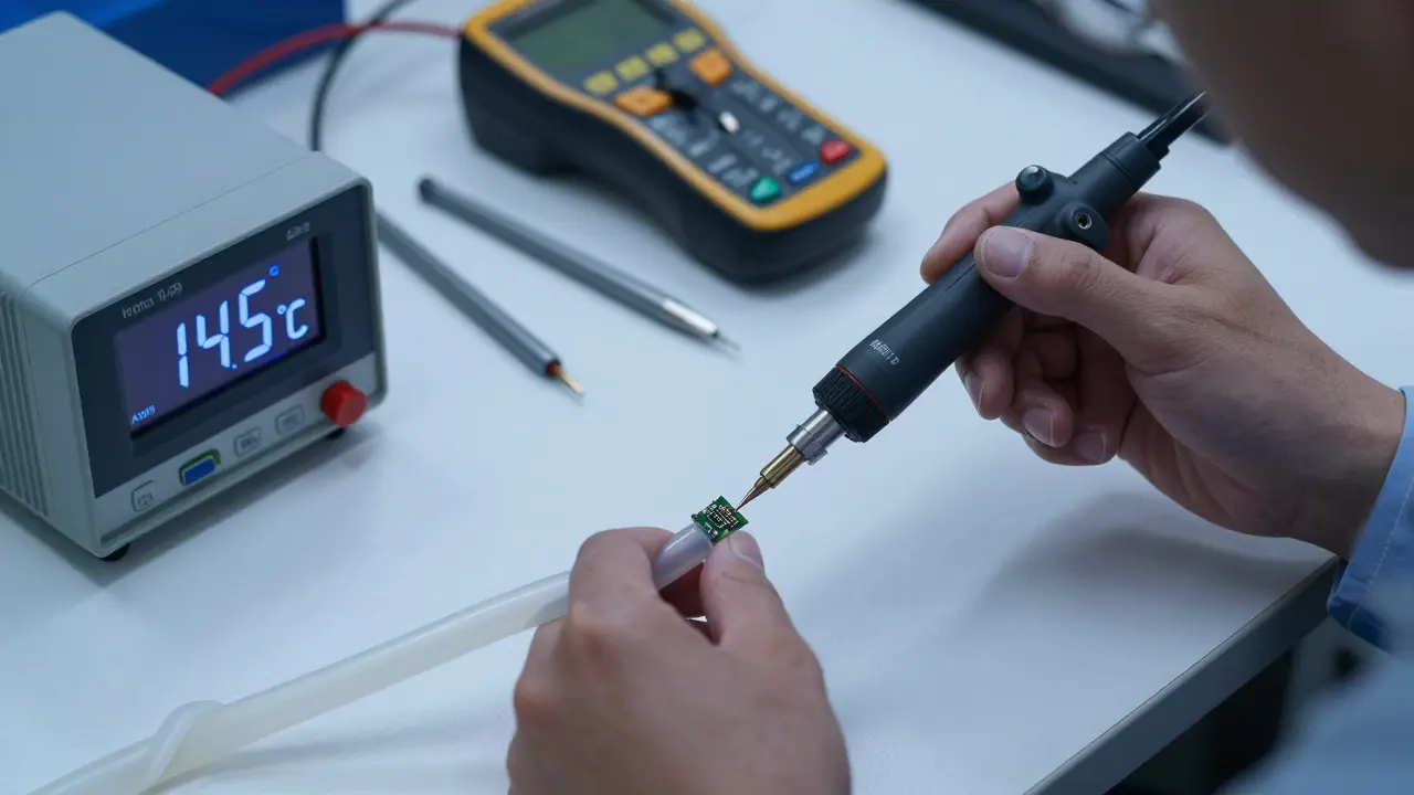 Techniker schrumpft einen Kunststoffschlauch über elektronische Bauteile mit präziser Heißluft.