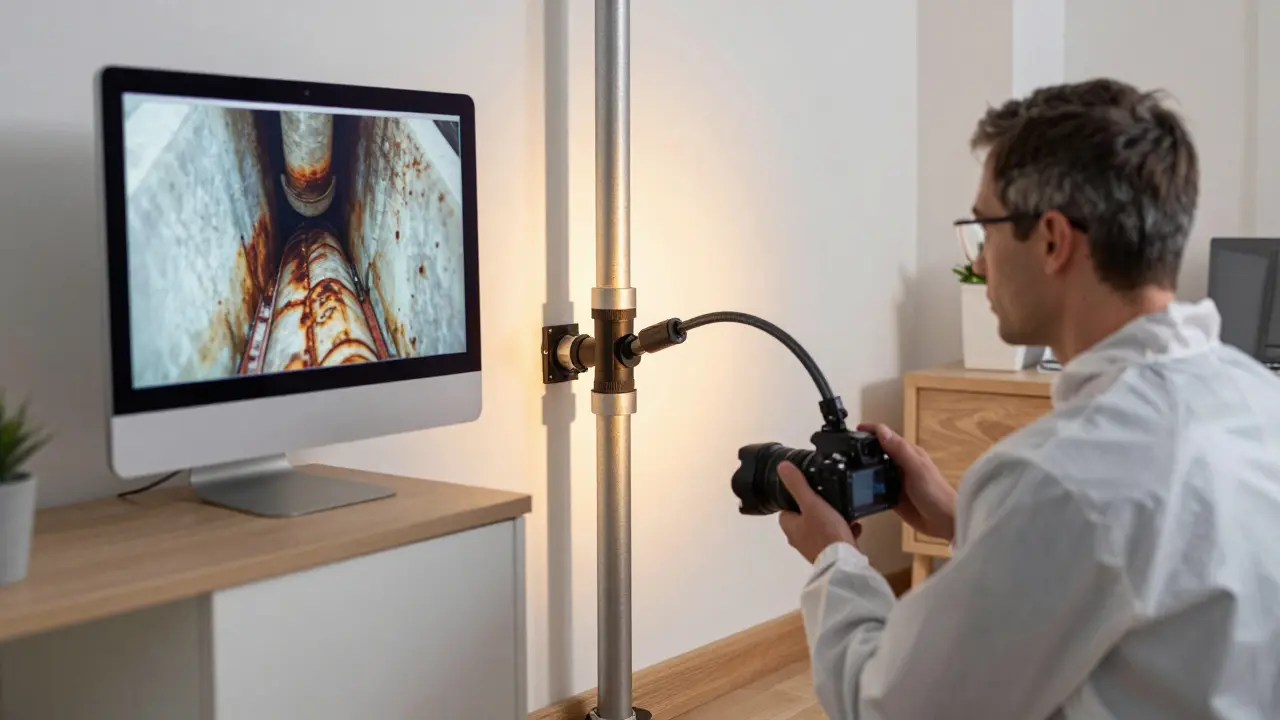 Techniker untersucht mit einer Kamera den Zustand einer Wasserleitung in einer Wand.