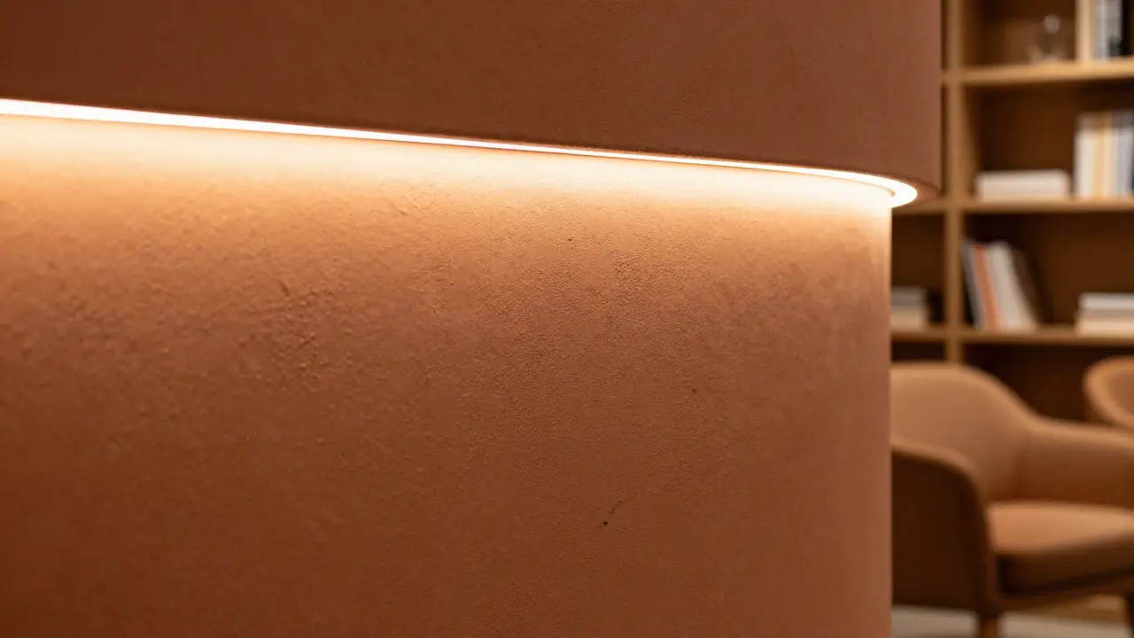 Terracotta-Wand unter warmweißer LED-Beleuchtung mit sanftem Hintergrund