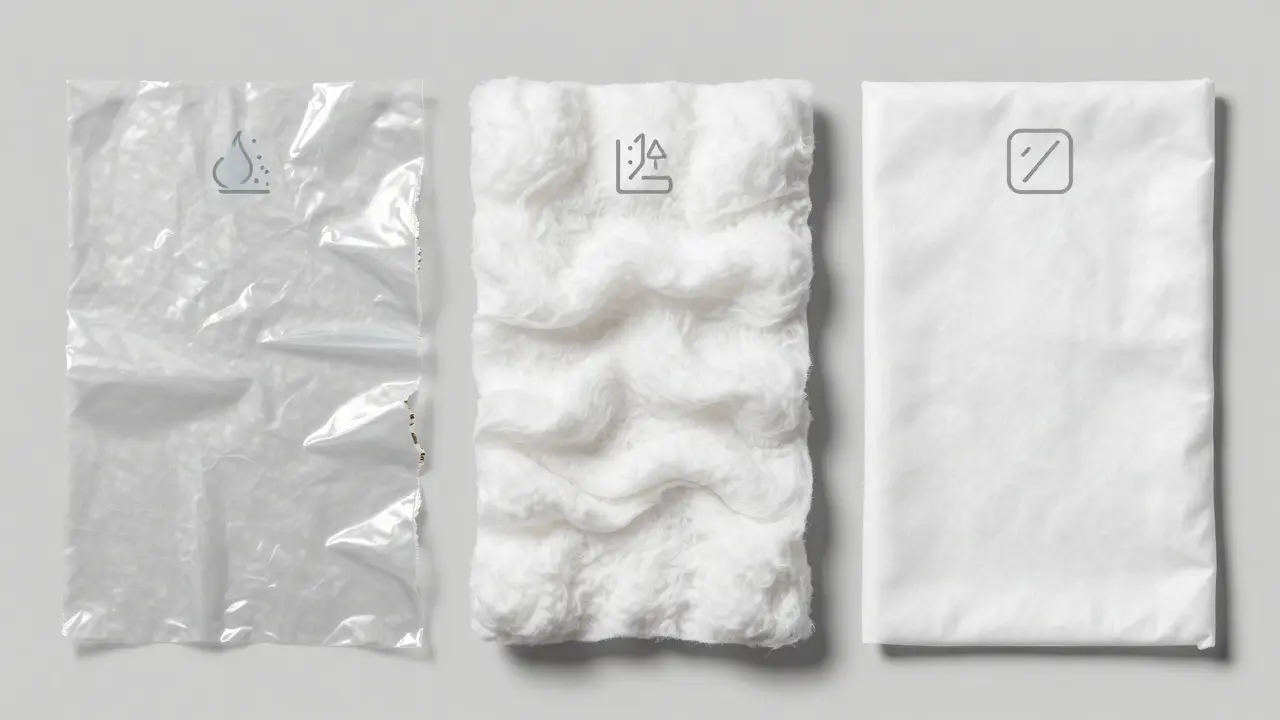 Vergleich dreier Schutzmaterialien: Folie, Vlies und Oxford-Stoff mit visuellen Hinweisen auf Feuchtigkeit und Schäden.