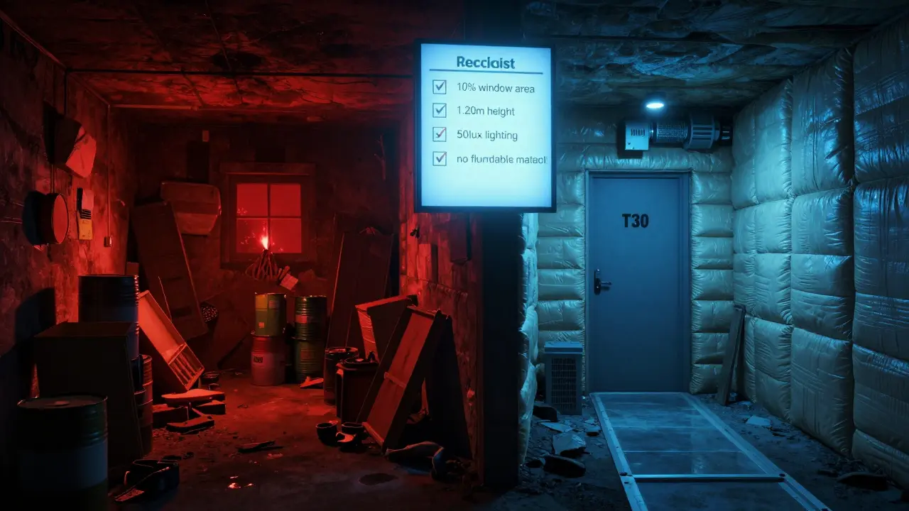 Vergleich: ein gefährlich überladener Keller links und ein sicheres, gesetzeskonformes Wohnzimmer rechts mit Brandschutzmaßnahmen.