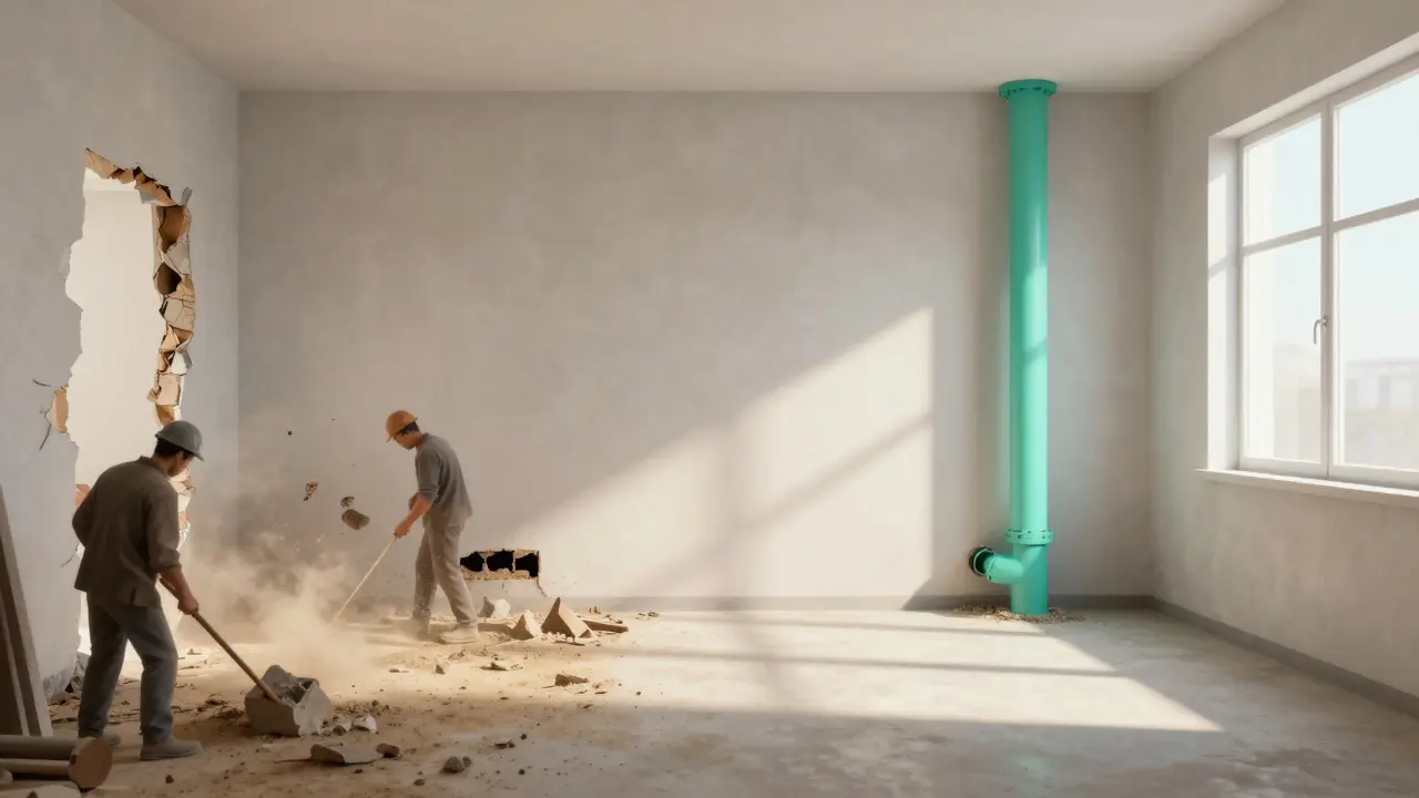 Vergleich: Zerstörerischer Rohraustausch links vs. zerstörungsfreie Innenbeschichtung rechts.