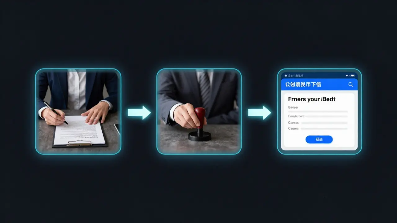 Visueller Prozess der Löschung einer Vormerkung in drei Schritten: Unterzeichnung, Beglaubigung, Löschen.