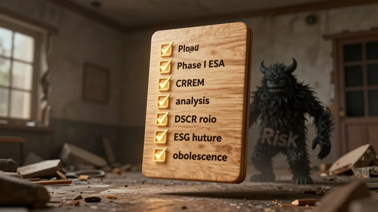 10 ESG-Prüfpunkte als leuchtende Kontrollhaken über einem veralteten Gebäude, Risiko als Schatten darunter