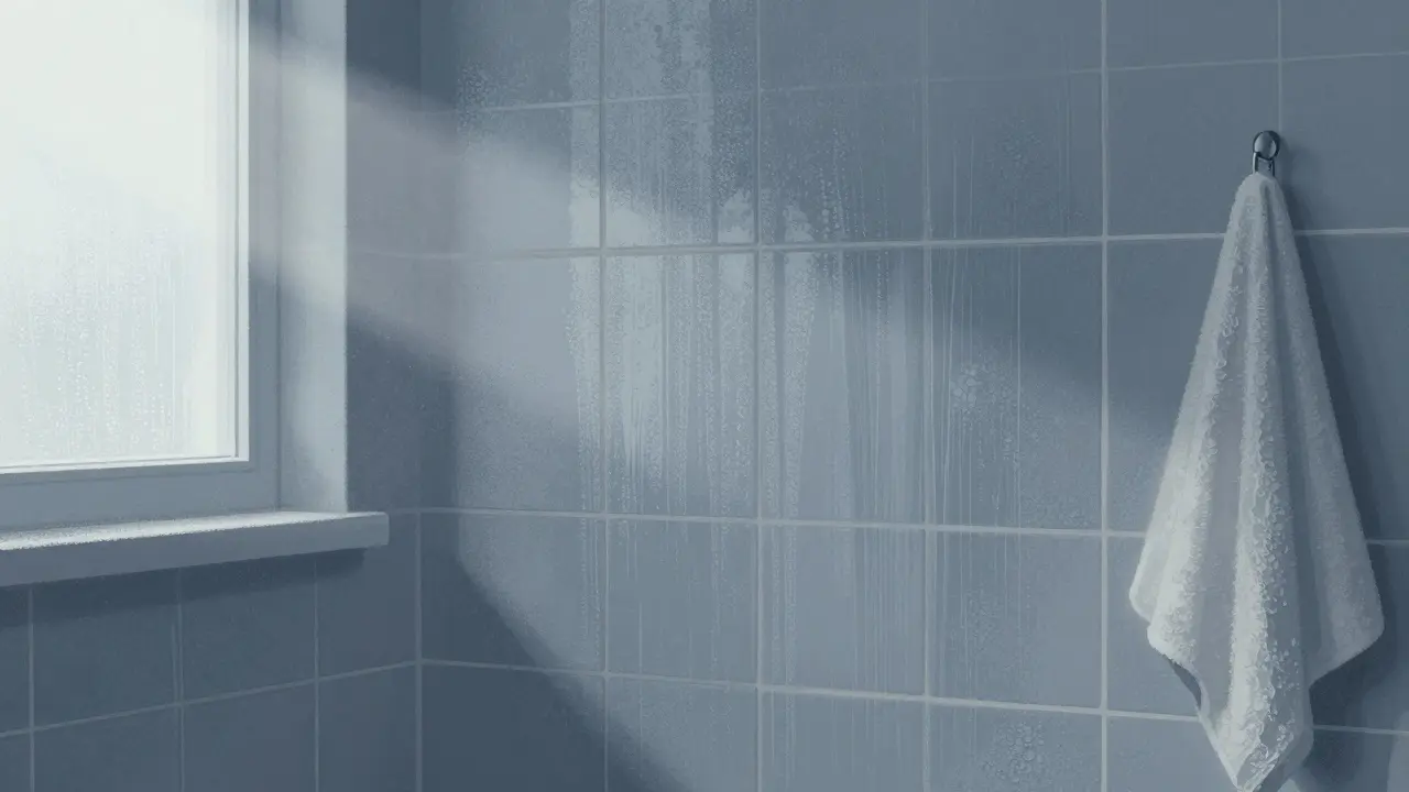 Badezimmerwand, die Wasserdampf durchlässt, aber Schimmel verhindert – sanftes Licht und Kondensation im Hintergrund.