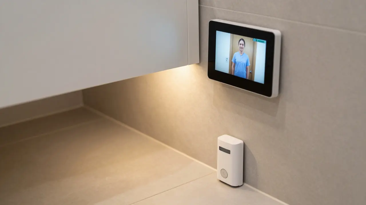 Bewegungssensor im Badezimmer aktiviert ein Nachtlicht, während eine Kamera den Pflegedienst an der Tür erkennt.
