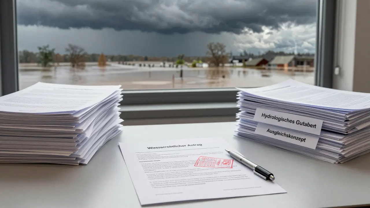 Büro mit Aktenstapel und ablehnendem Bescheid, Blick auf eine Überschwemmungslandschaft durch das Fenster.