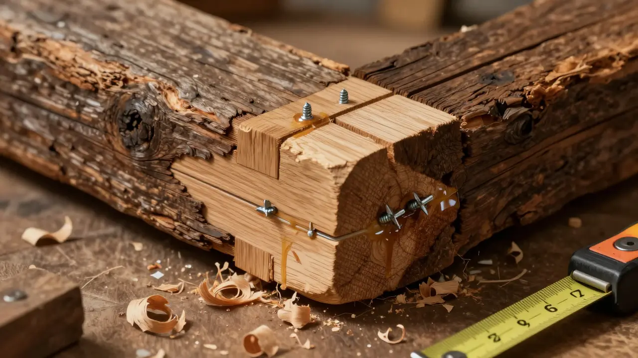 Detailansicht eines reparierten Balkenendes mit Eichekeil und Epoxidharz, typisch für denkmalgerechte Sanierung.