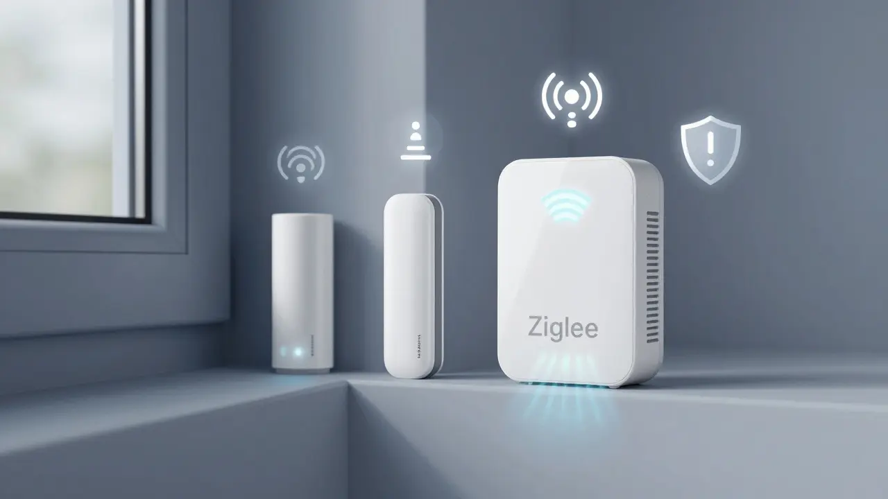 Drei Arten von Fensterkontakten mit drahtlosen Signalen in einem Fensterrahmen, symbolisch dargestellt.