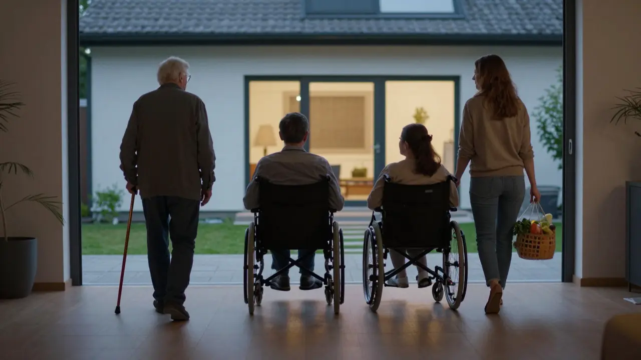 Drei Menschen mit unterschiedlichen Bedürfnissen gehen ohne Hindernis von innen nach außen.