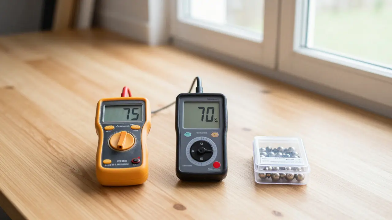 Drei Messgeräte für Feuchtemessung auf einer Werkbank: CM-Kit, Hygrometer und kapazitives Messgerät.
