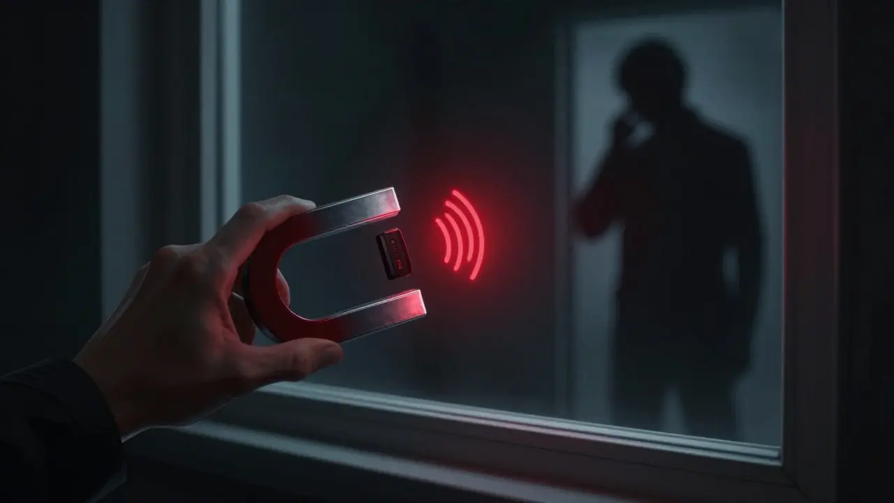 Ein äußerer Magnet versucht, einen Fenstersensor zu täuschen, während ein Alarm aktiviert wird.