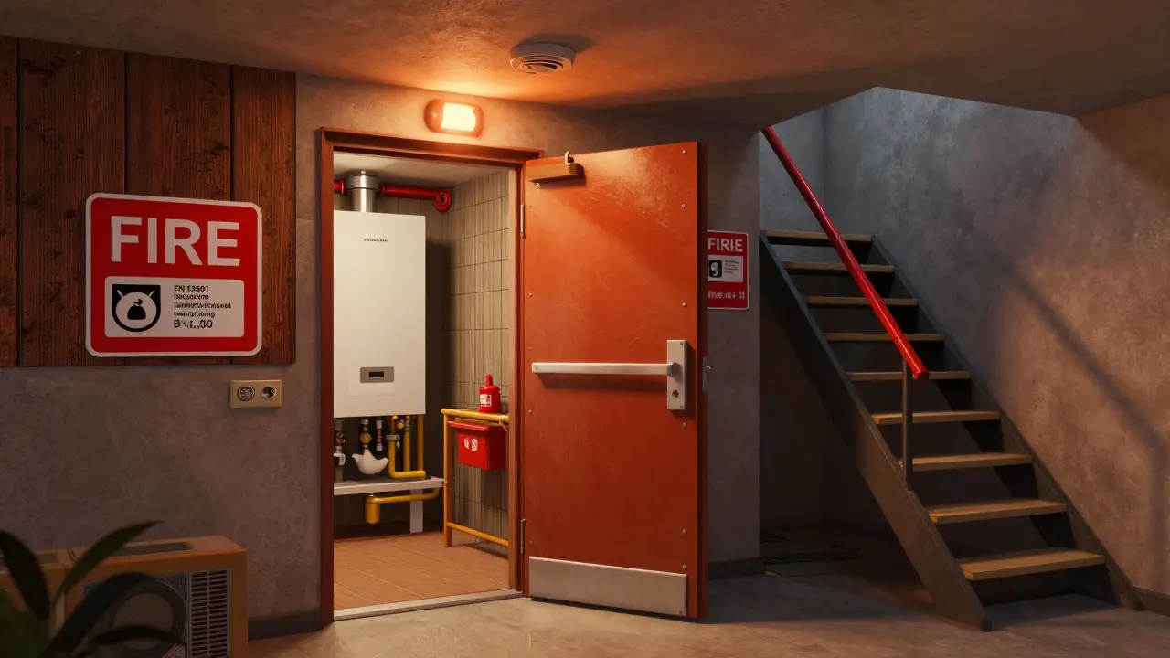 Ein brandschutzkonformer Keller mit getrenntem Heizungsraum, Notausgang und feuerhemmenden Türen in einem Mehrfamilienhaus.