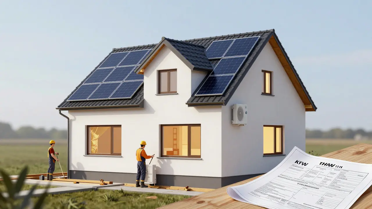 Ein Einfamilienhaus vollständig saniert mit Dämmung, Wärmepumpe und Solaranlage in harmonischer Integration.