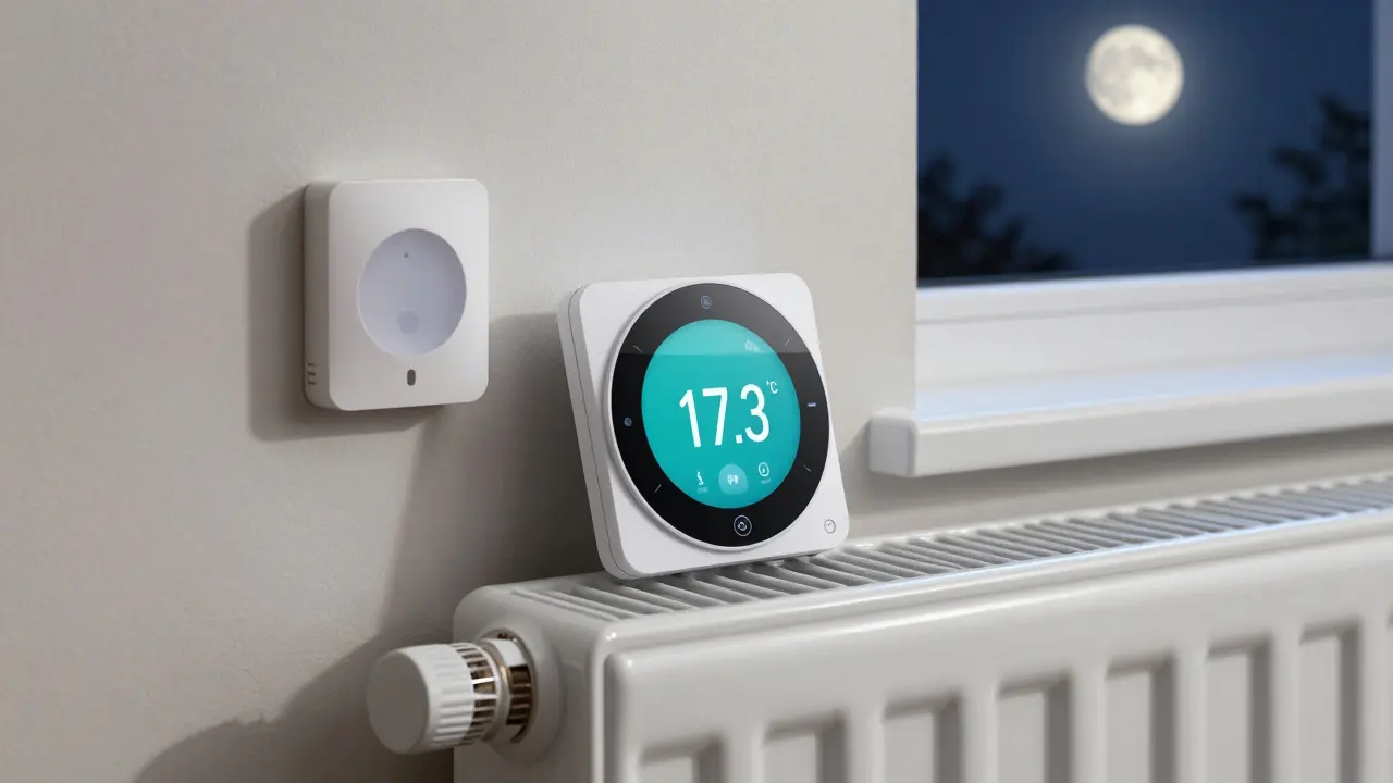 Ein smartes Thermostat an einem Heizkörper zeigt präzise 17,3°C an, während ein Bewegungssensor leeren Raum erkennt.