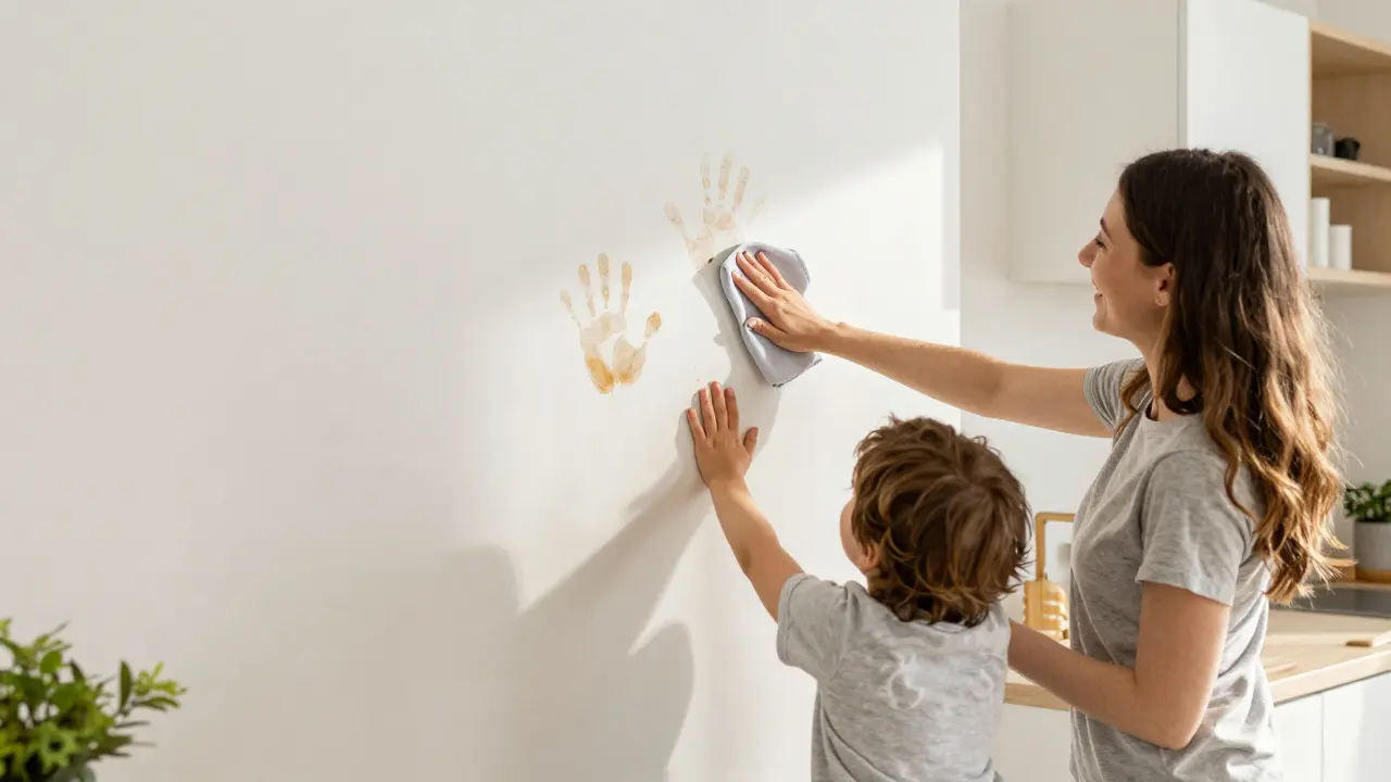 Eine Familie wischt einen Fleck von abwaschbarer Tapete in der Küche, während eine angrenzende Farbwand verschmutzt ist.