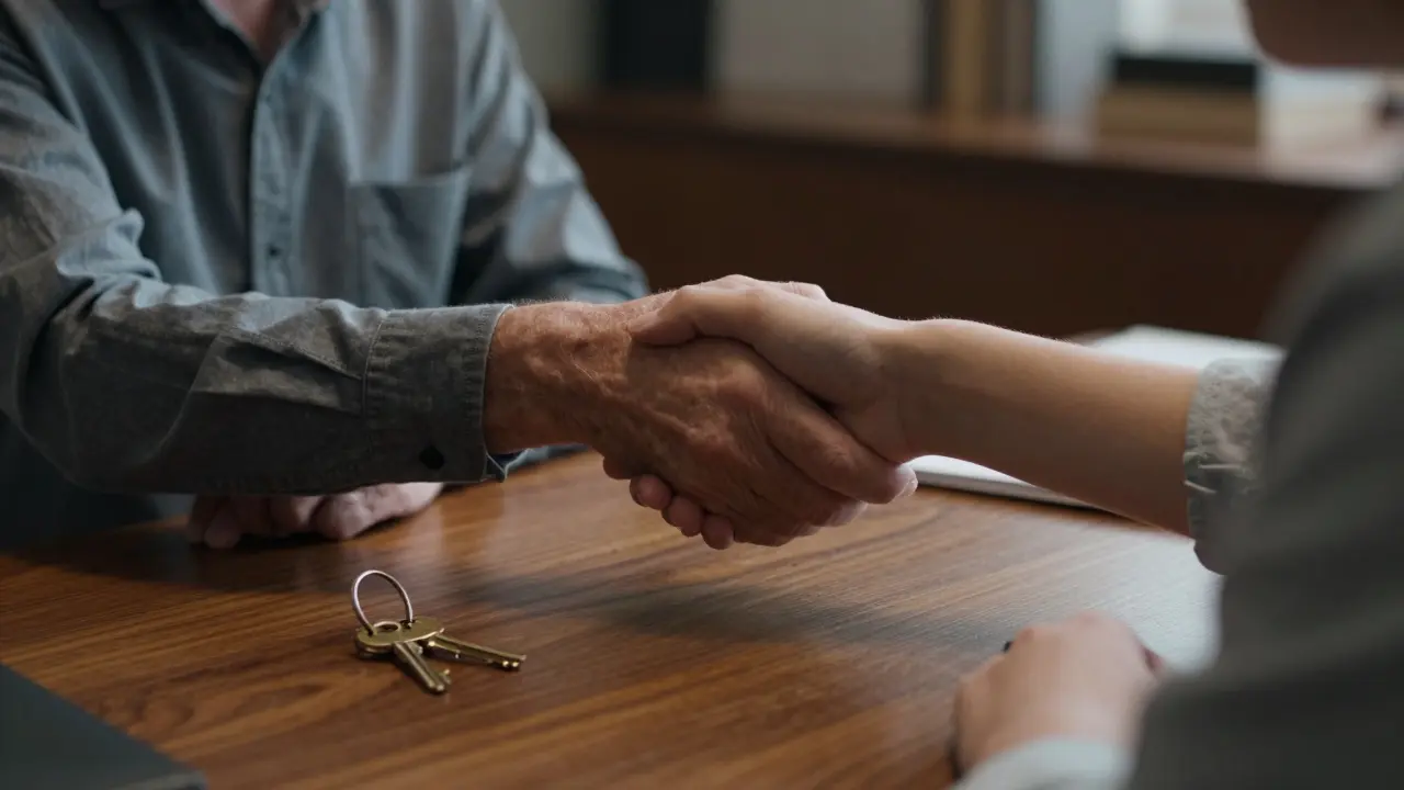 Eltern und Kind tauschen Schlüssel aus auf einem Tisch im Notarbüro.