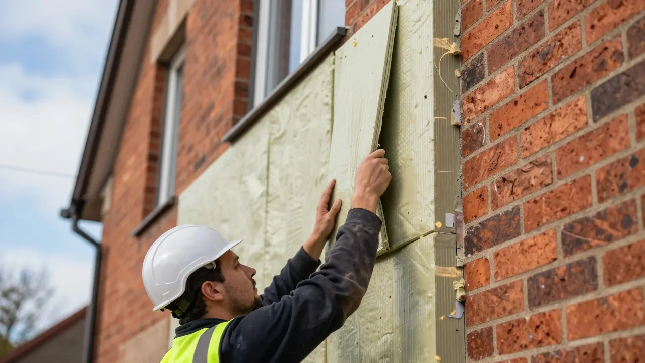 Fachmann installiert Dämmplatten an der Außenwand des Hauses