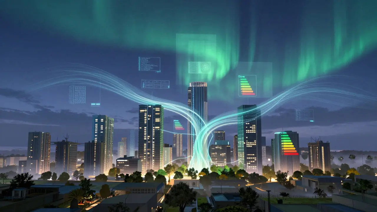 Futuristische Stadtlandschaft mit abstrakten Datenelementen.