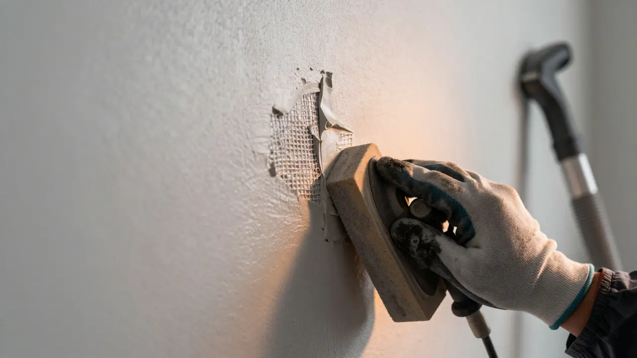 Hand schleicht geflickte Wandfläche mit Sicht auf Vliestuch