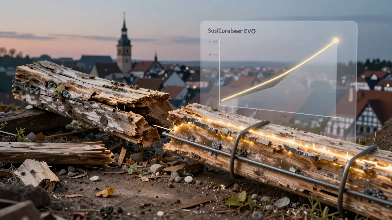 Kontrast zwischen verrottetem Holz und sanierter Balkenkonstruktion mit biobasierten Materialien.