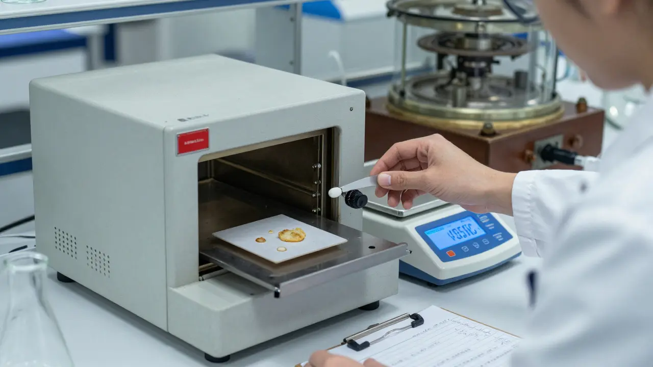 Laborant bereitet eine Estrichprobe für die Darr-Methode vor.