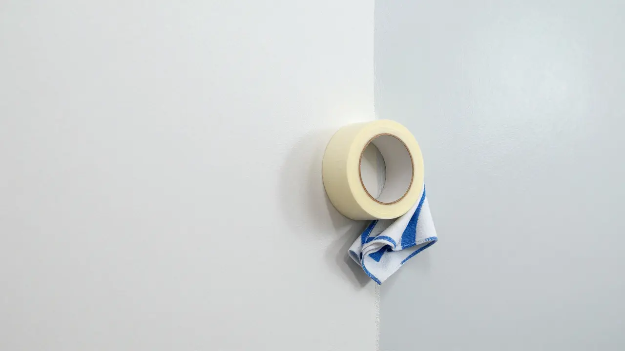 Malerkrepp wird im 45-Grad-Winkel abgezogen, während ein feuchtes Tuch die Kante berührt.