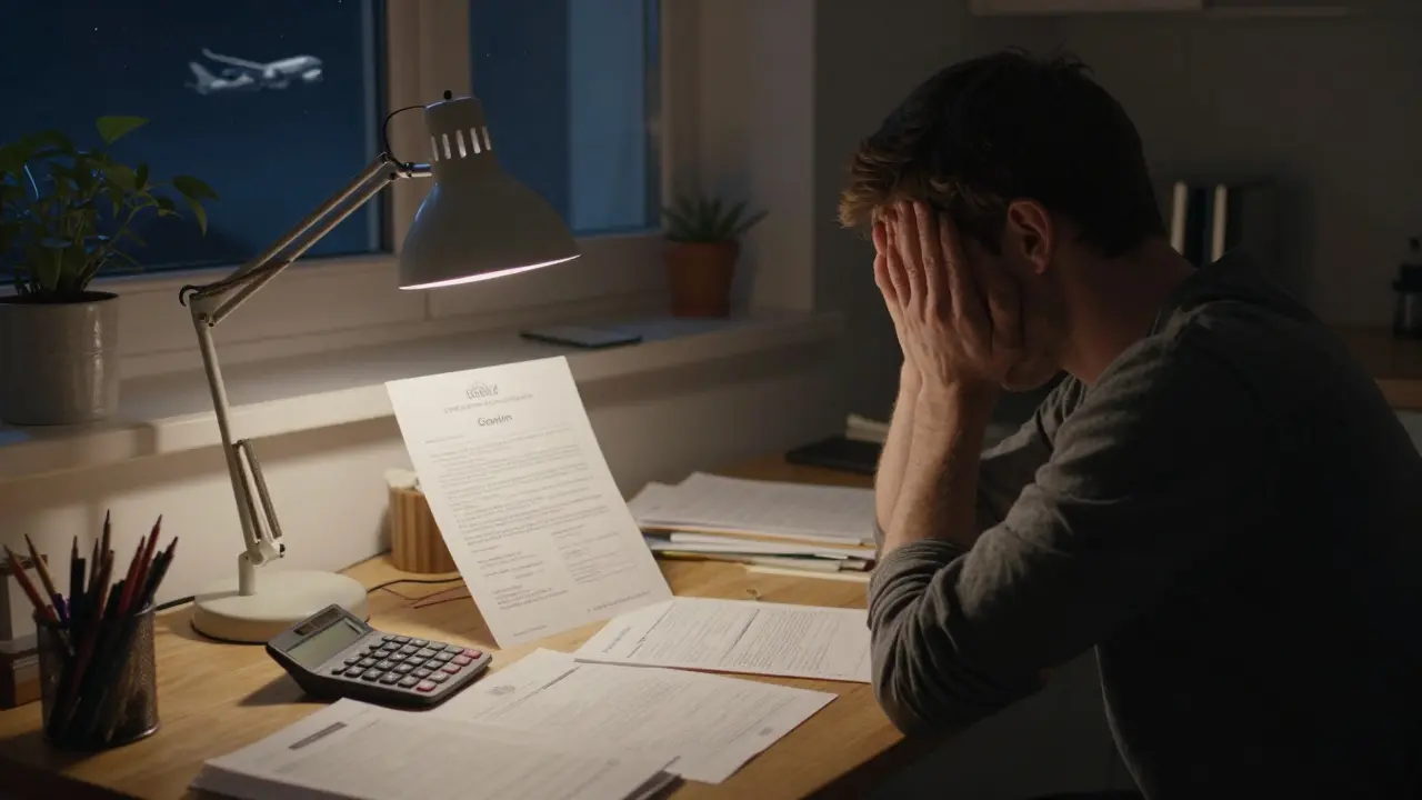 Mann allein am Küchentisch, von Steuerdokumenten umgeben, bei nächtlicher Beleuchtung.