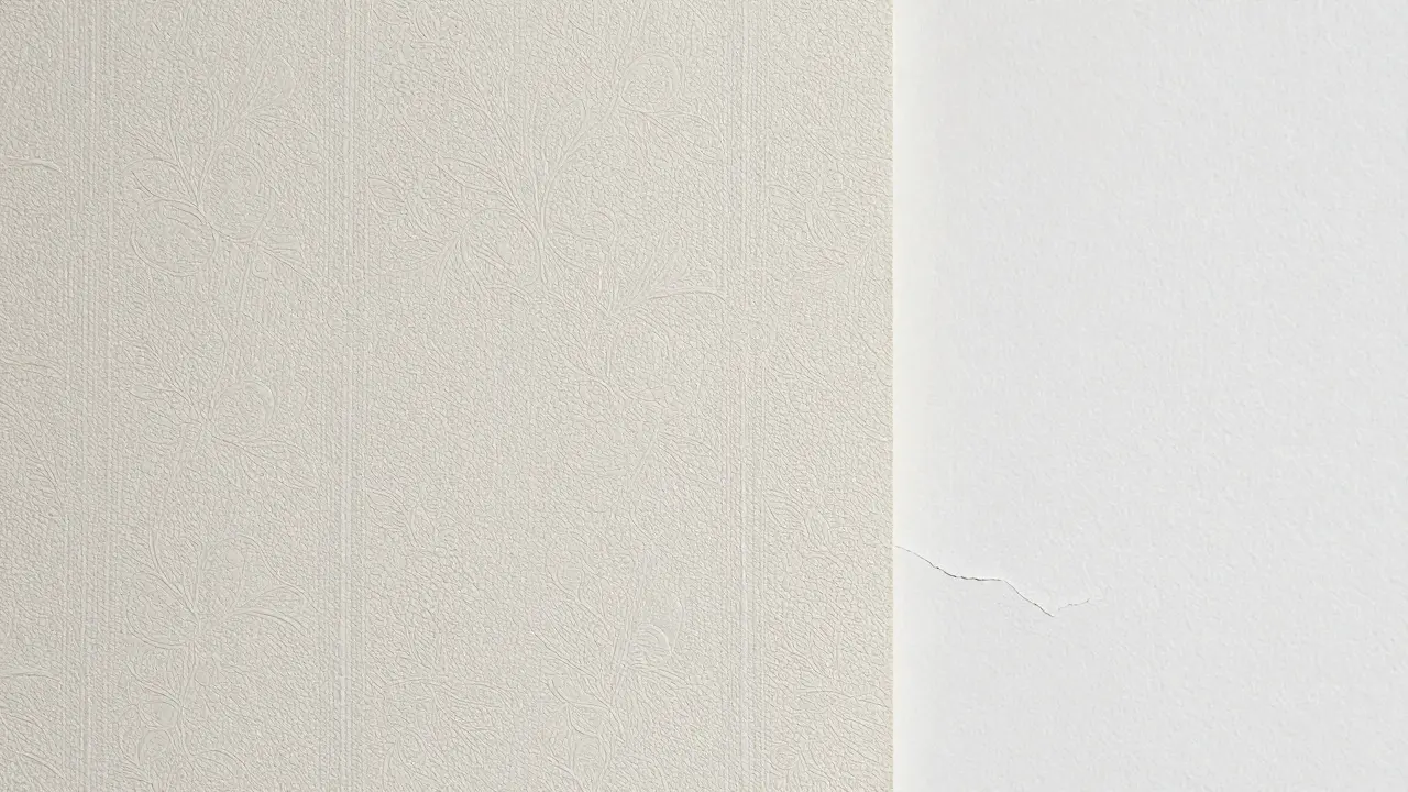 Nahaufnahme einer fein strukturierten Blumentapete neben einer mit Rissen sichtbaren Wandfarbe.