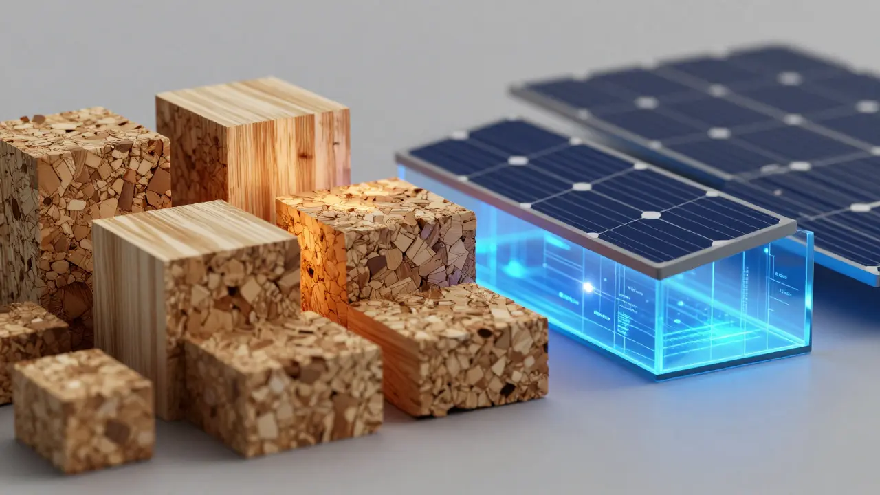 Nahaufnahme nachhaltiger Baumaterialien und Solarpaneele.