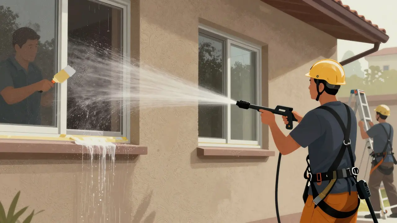 Professionell gereinigte Fassade wird mit Niederdruck gespült, Fenster abgeklebt.